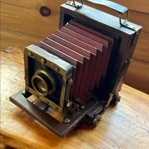 Decor Vintage Camera – Red Bellows, Brass Accents (not real - decor only)